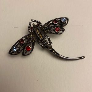 Vintage Marcasite Dragonfly Pin with Colored Stones